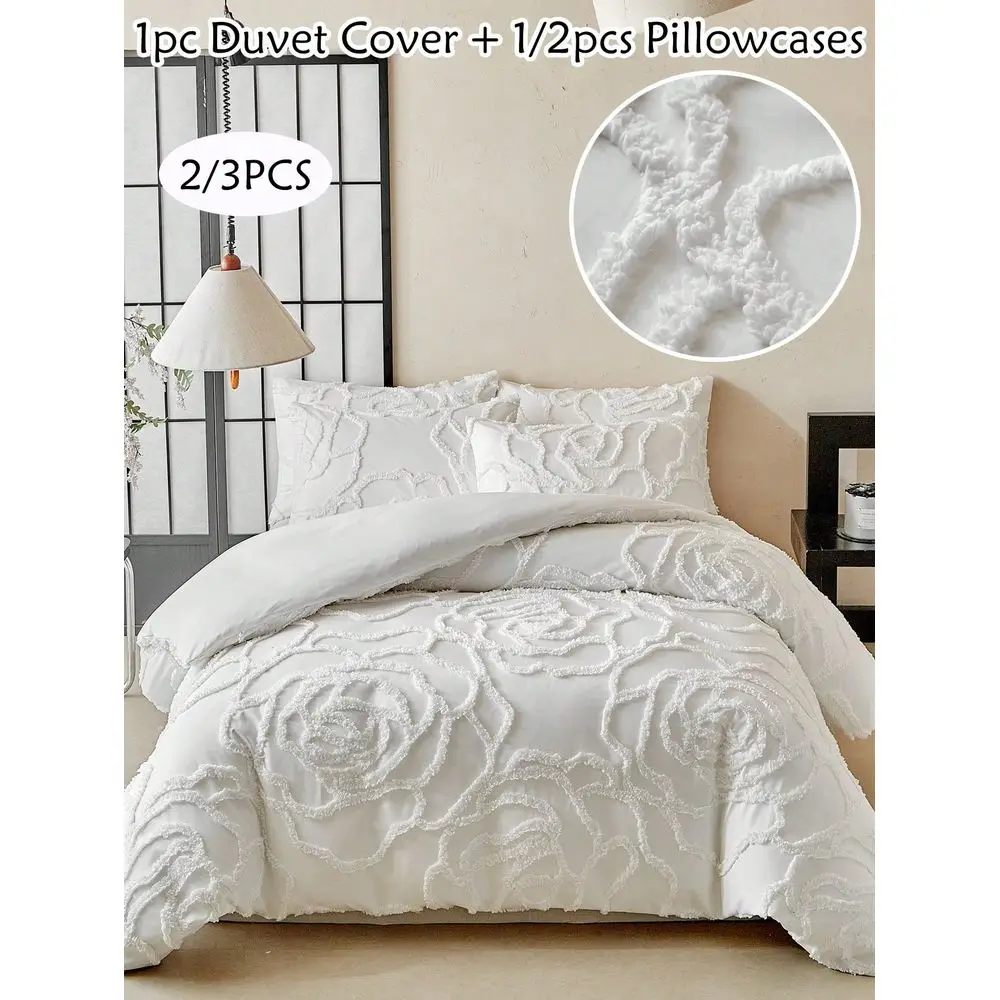 

3Piece White Rose Pattern Tufted Polyester Duvet Cover Set, Bohemian Modern Luxury Plus Size AllSeason Bedding Set 1 Duvet Cove