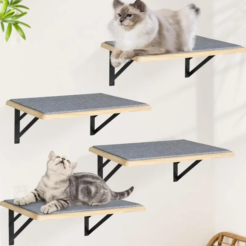 

Cat Wall Shelves Set of 4, Wood Cat Shelves for Wall, Cat Wall Bed Hammock with Scratching Pad