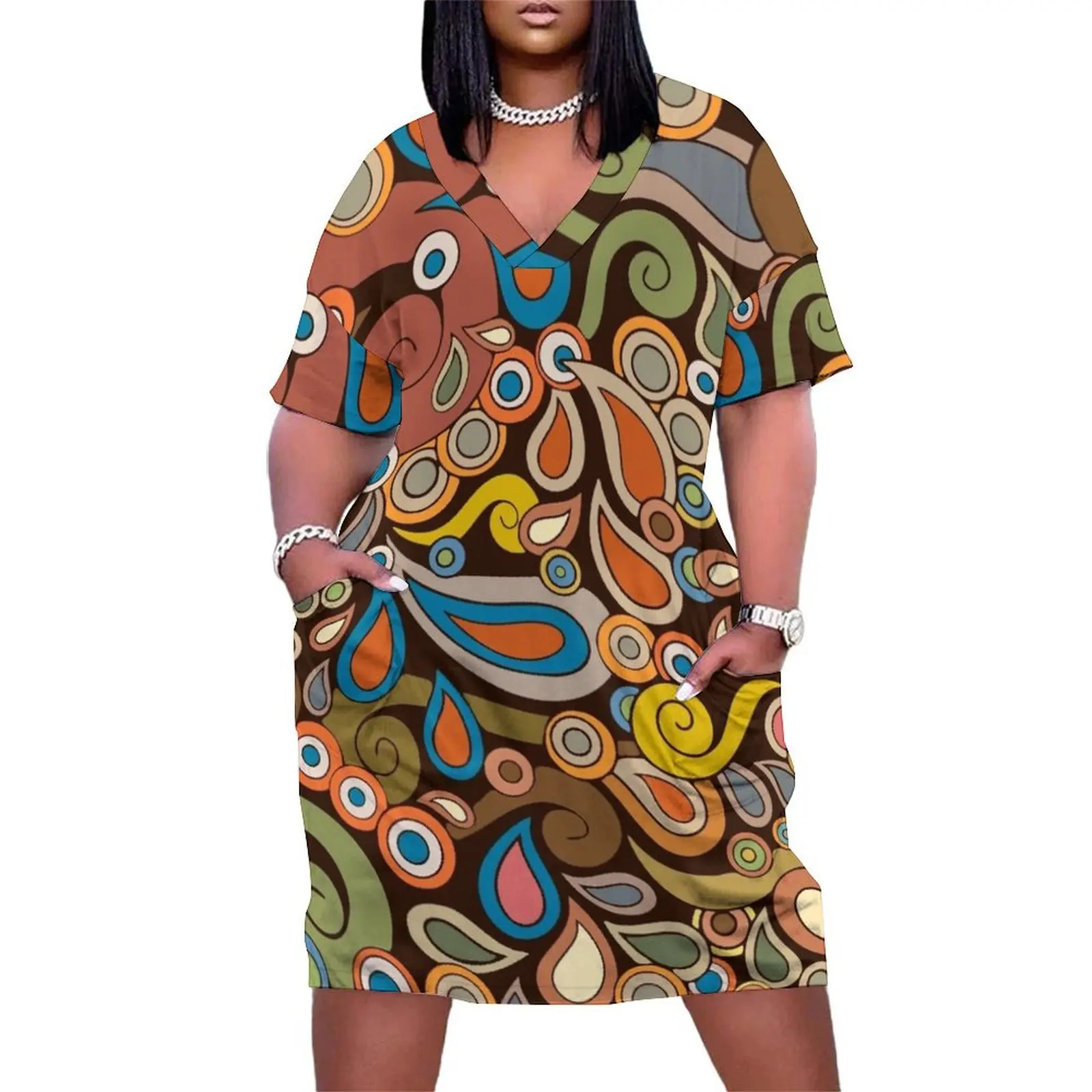 

Hand drawn Retro Vintage Funky Design Loose Pocket Dress women"s summer jumpsuit long sleeve dress dresses summer woman 2024