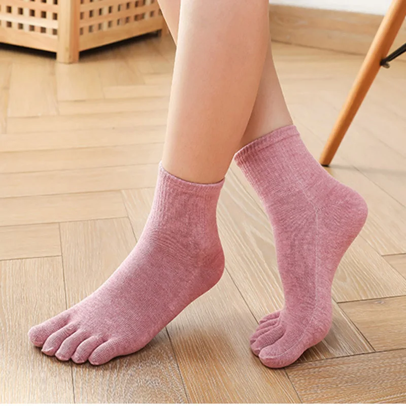 5 Pairs Candy Color Crew 5 Finger Socks for Women Ladies Girls Harajuku Sweaty Anti-Friction Elastic Cotton Socks Toes 9 Colors