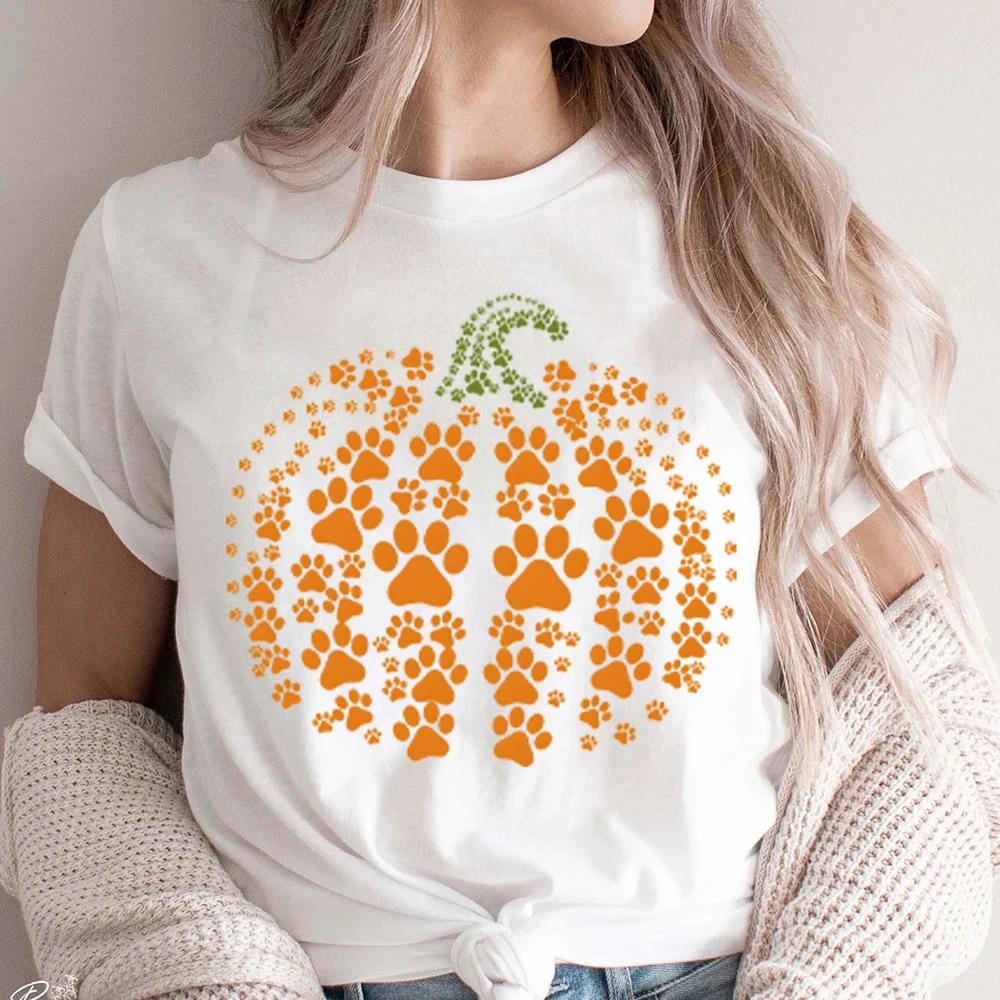 Paw Pumpkin Women Clothes Paw Print T Shirt's Pumpkin Dog Women Clothing Dog Halloween Women’s Clothing Retro Thanksgiving Shirt