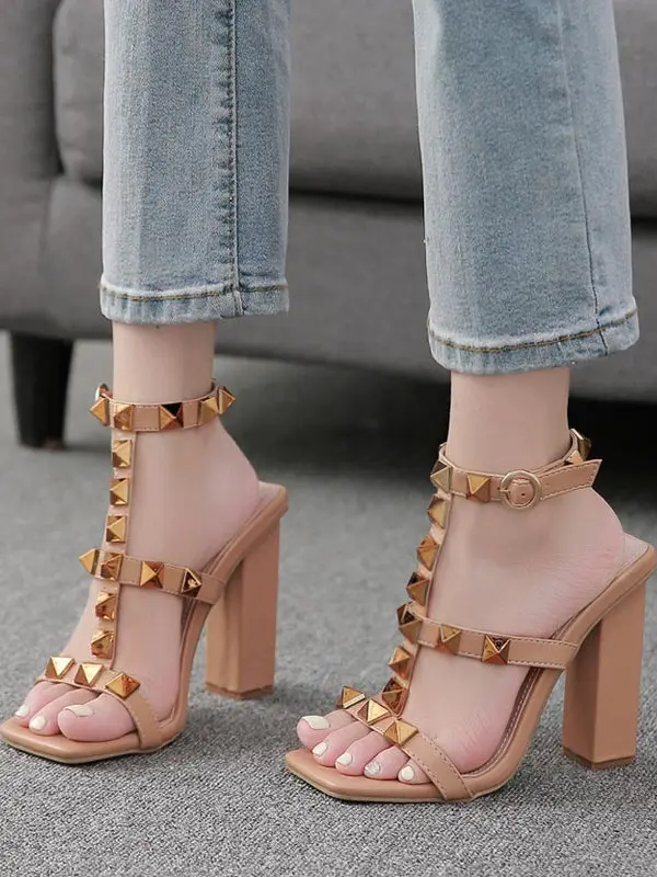 Exposure Toes Buckle Sandals Thick Heel Square Head Rivet One Row Buckle Sandals Not Replaced Model Small  Women's Shoes