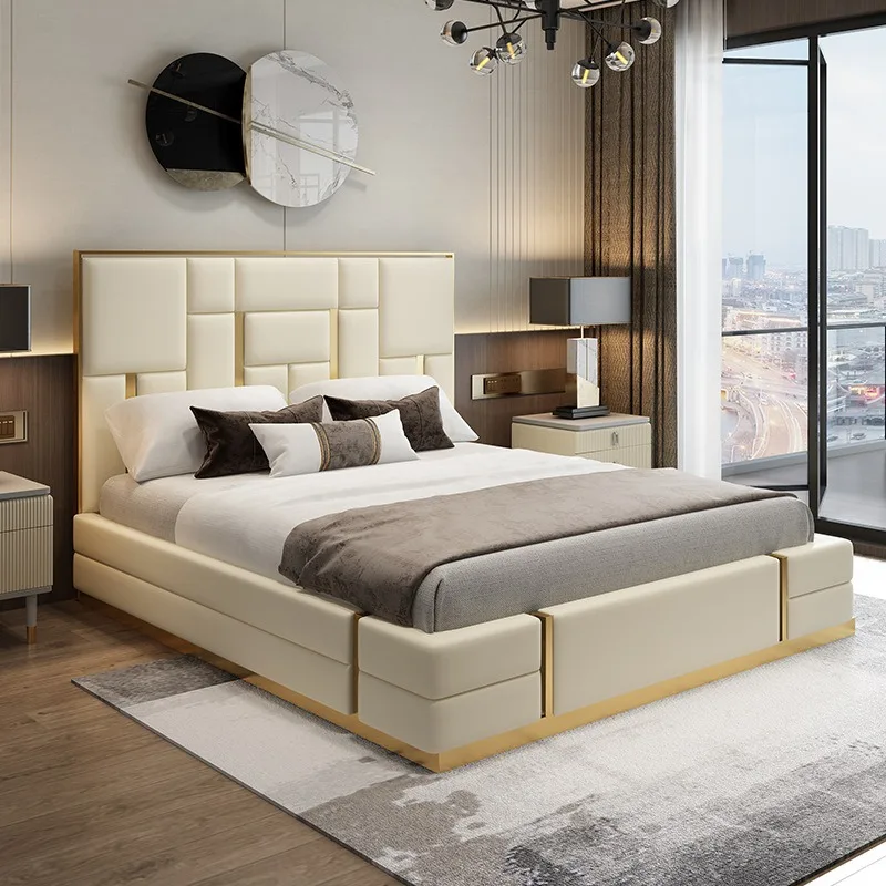 

Hong Kong-style light luxury leather double bed 1.8 meters master bedroom wedding bed
