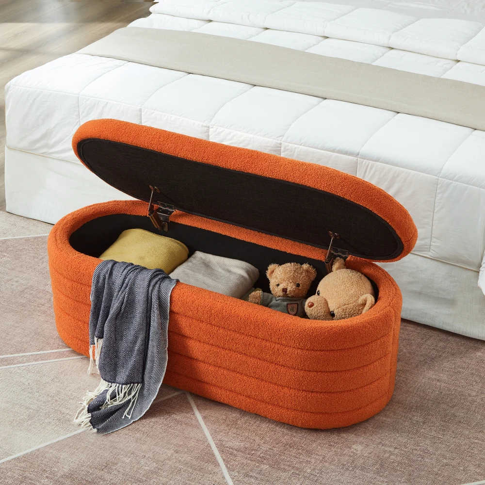 Storage Ottoman Bench, Upholstered Teddy Fabric End of Bed Bench with Storage, for Bedroom, Entryway, End of Bed Stool