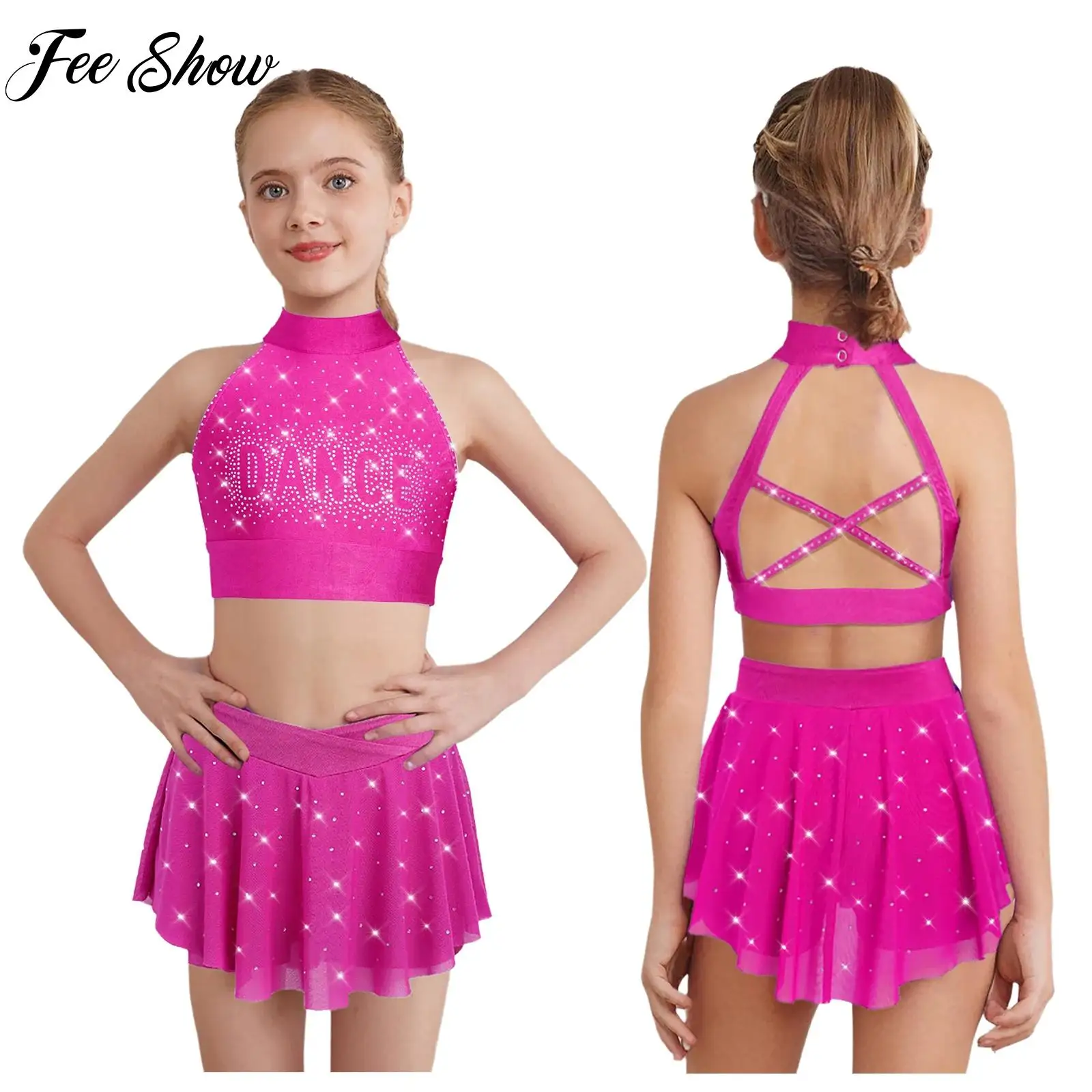 

New Lovely Girls Cheerleading Dance Outfit Rhinestone Halter Sleeveless Top Skirt Set Ballet Gymnastic Figure Skating Dancewear