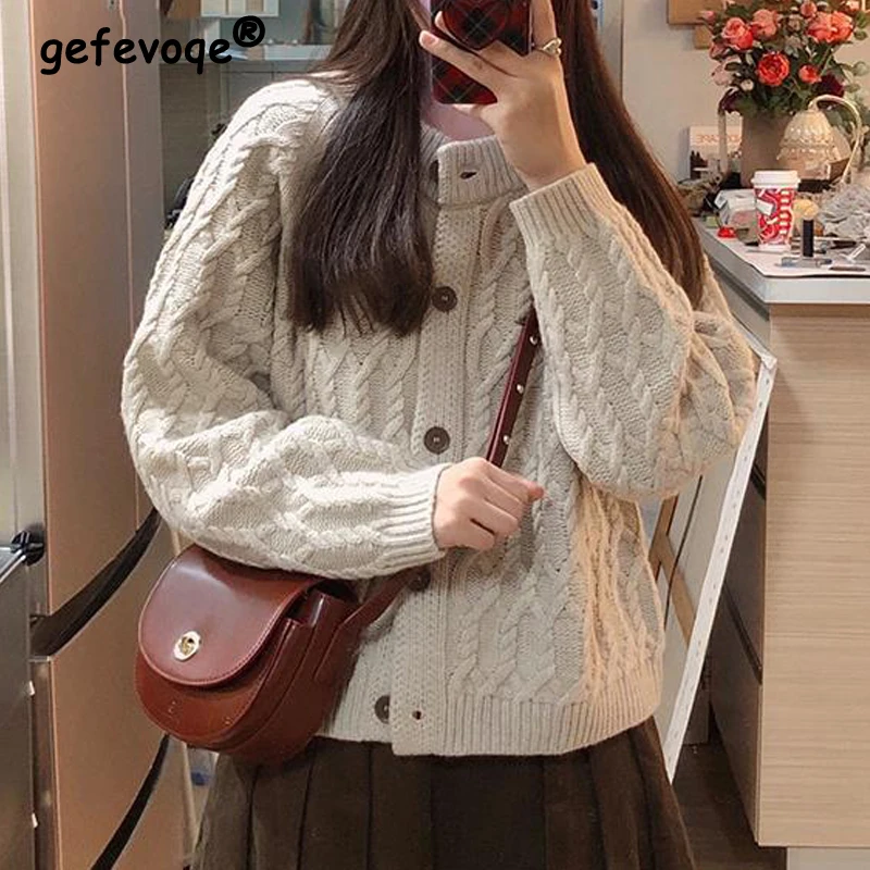 Women Trendy Vintage Twist Simple Chic Single Breasted Knitted Cardigan Y2K Female Casual Kawaii O Neck Long Sleeve Sweater Coat