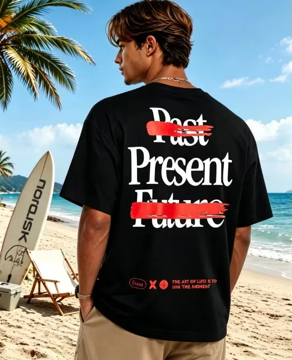 2026 new Past Present Future Letter Graphic Men T Shirt O Neck Short Sleeve Black Casual Streetwear Tees Tops
