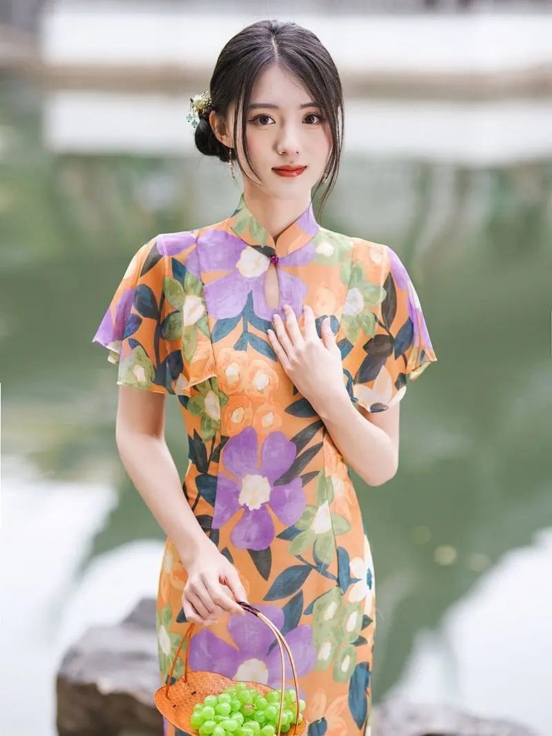 

Fashion Vintage Women Girls Flying Sleeve Cheongsam Dress Sexy Drop Collar Floral Printed Chiffon Qipao