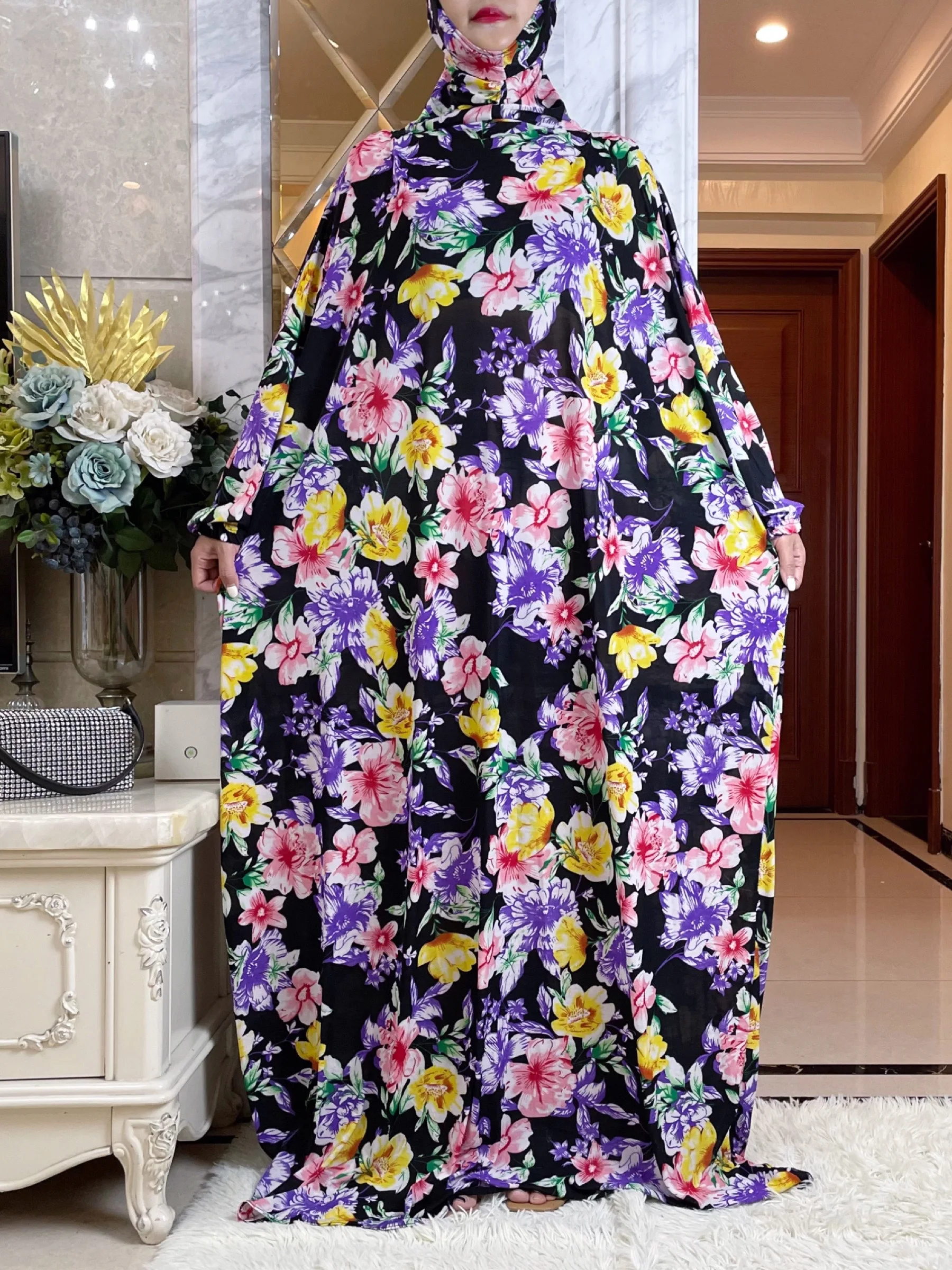 2023Eid Muslim Womens Hooded Abaya Turkey-African Prayer Garment Kaftan Dress With Hijab Floral Prints Dubai Saudi Robe Ramadan