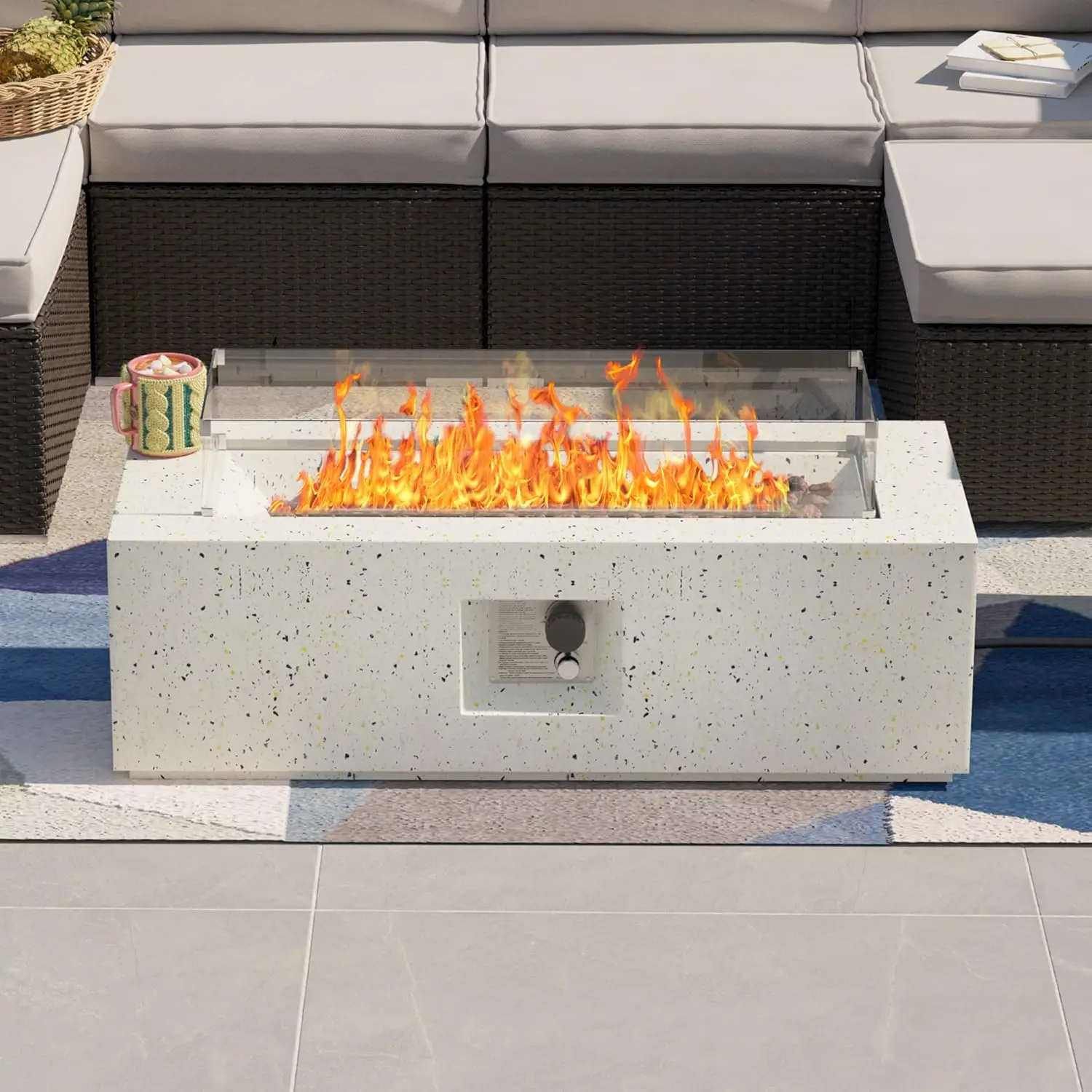 Outdoor Propane Fire Pit Table, 42 Inch Rectangular Firepit Table, 40,000 BTU Spotted White Concrete Patio Gas Heater Fire Table