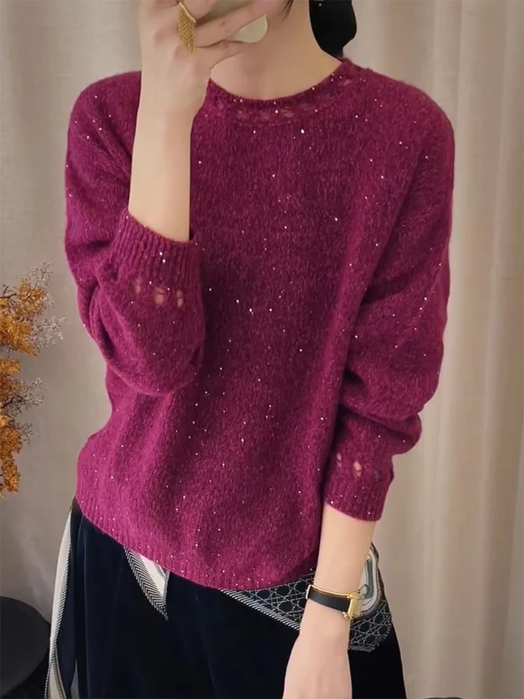 

Korean Sle round Ne Soft iny Sequin Sweater Large Size Ele Slimming Autumn Winter New Arrival Warm Comfortable Wool...