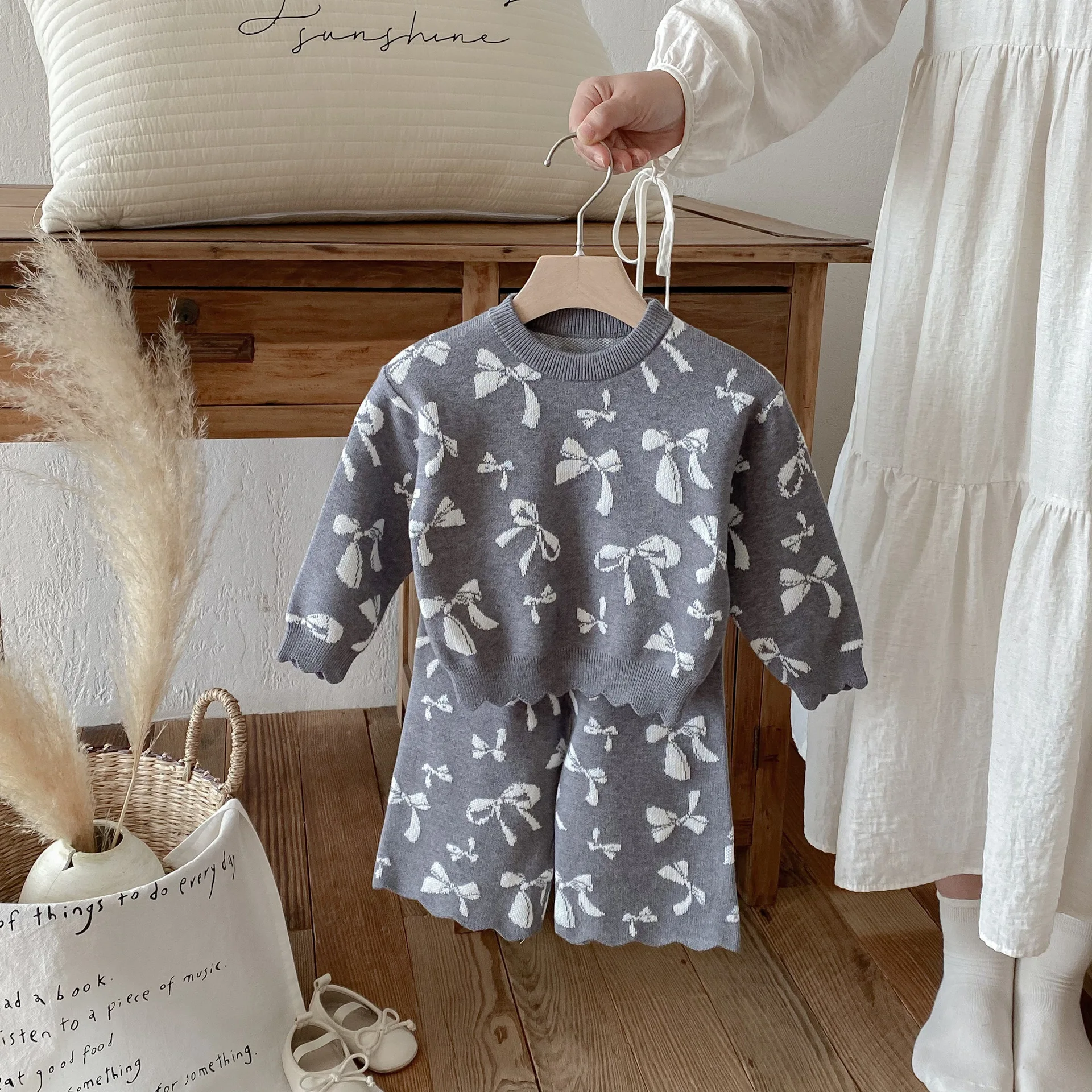 أطفال بنات الحياكة سترة مجموعات التباين اللون الانحناء نمط لينة الحياكة القمم مرونة الخصر مستقيم بنطال ذو قصة أرجل واسعة 2 قطعة دعوى