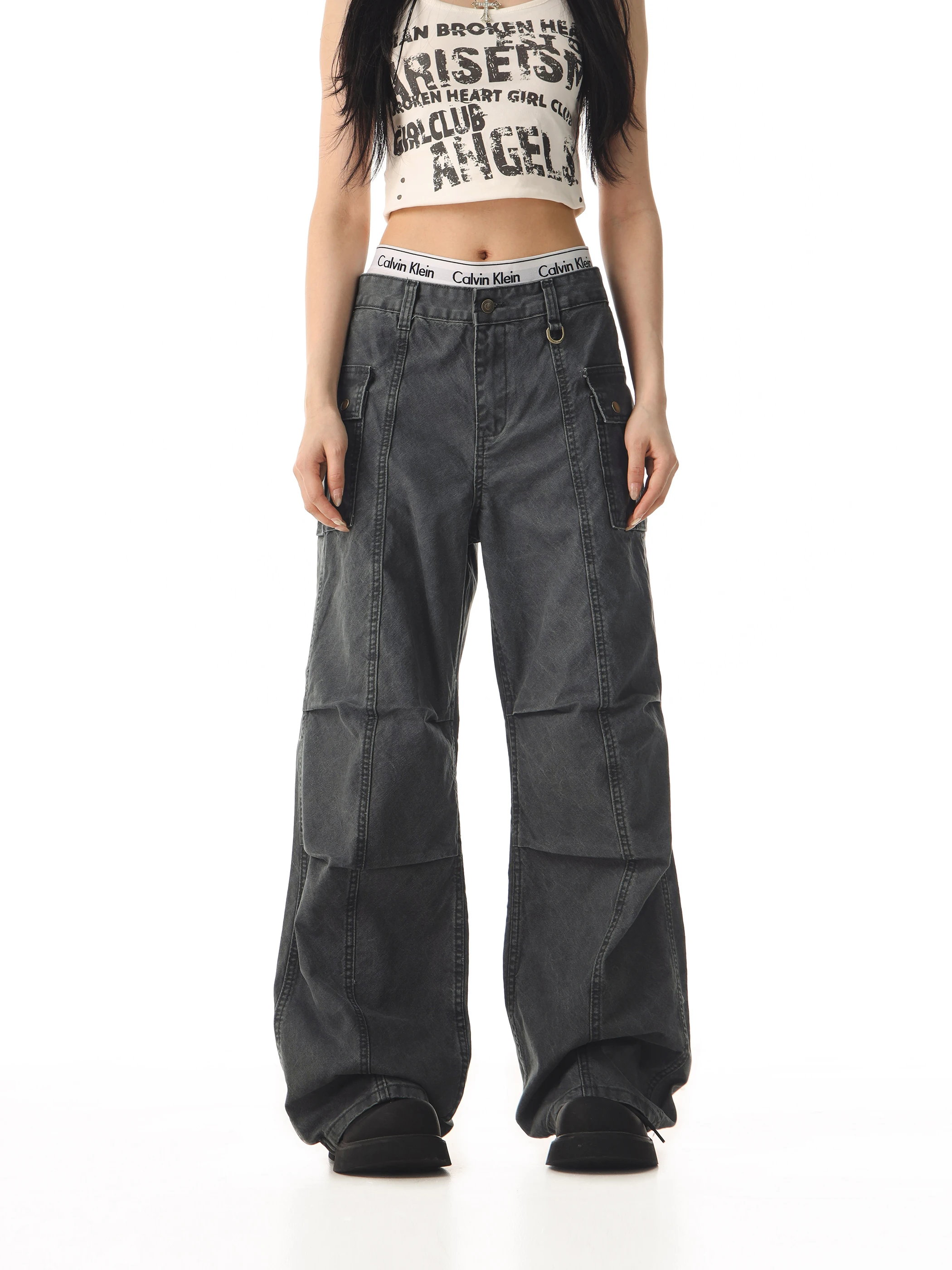 

Американские свободные прямые рабочие брюки для женщин, с высокой талией, карго, деконструированные, повседневные, из дышащего хлопка