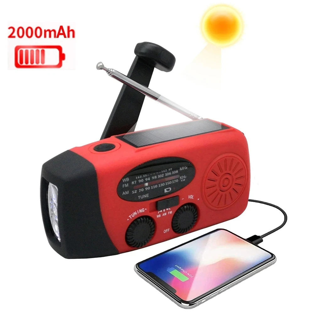 Multifunctional Solar Hand Crank Radio Mini Portable USB Charging 2000MahPower Bank Emergency LED Flashlight AM/FM Weather Radio