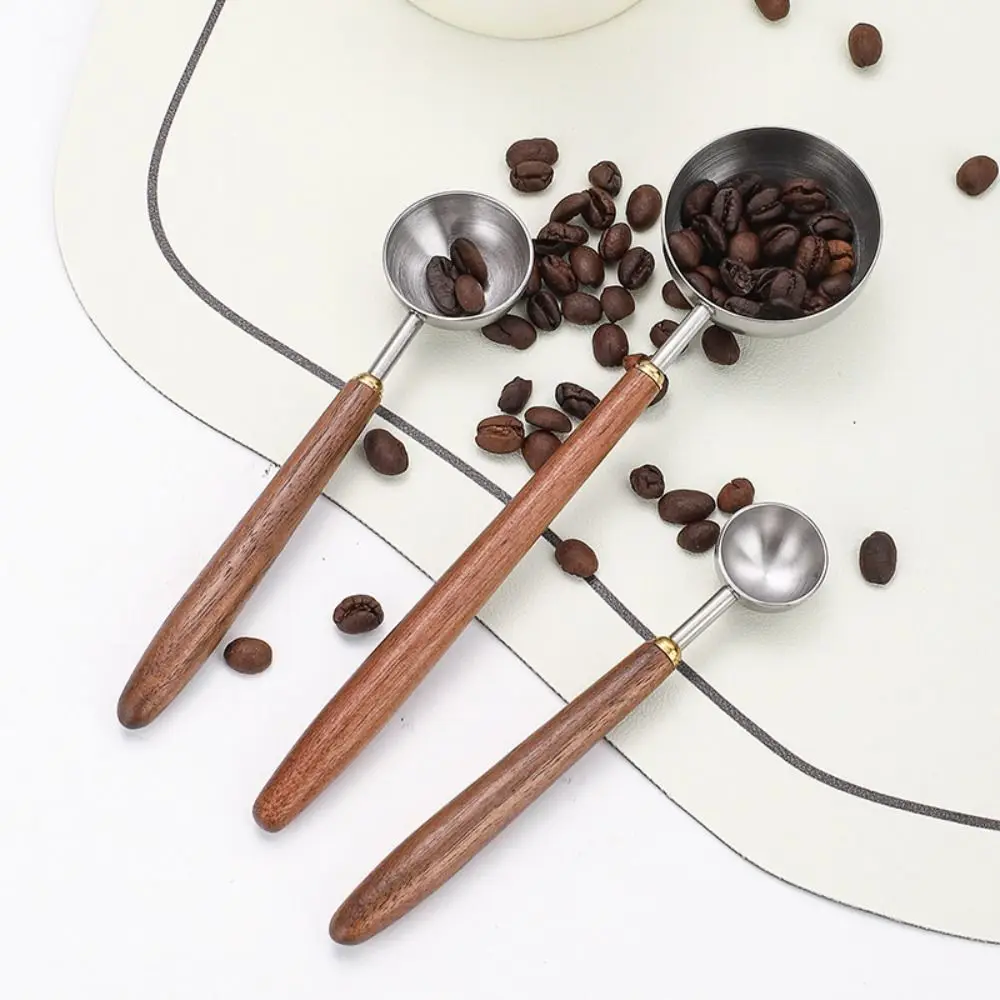 304 Stainless Steel Coffee Bean Measuring Spoons Long Handle 3/8/23ML Coffee Powder Measuring Spoon Walnut Handle Coffee Scoop