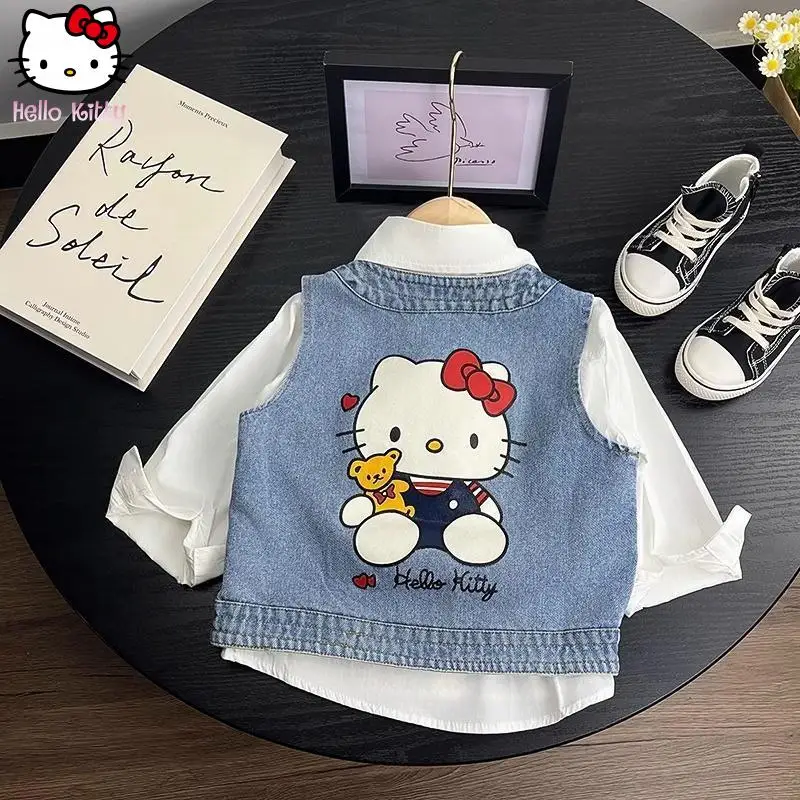 

Ковбойский жилет в стиле аниме «Hello Kitty» для девочек Sanrio, весна-осень, новый стильный свободный повседневный жилет с героями мультфильмов Kawaii, детские тонкие мягкие топы