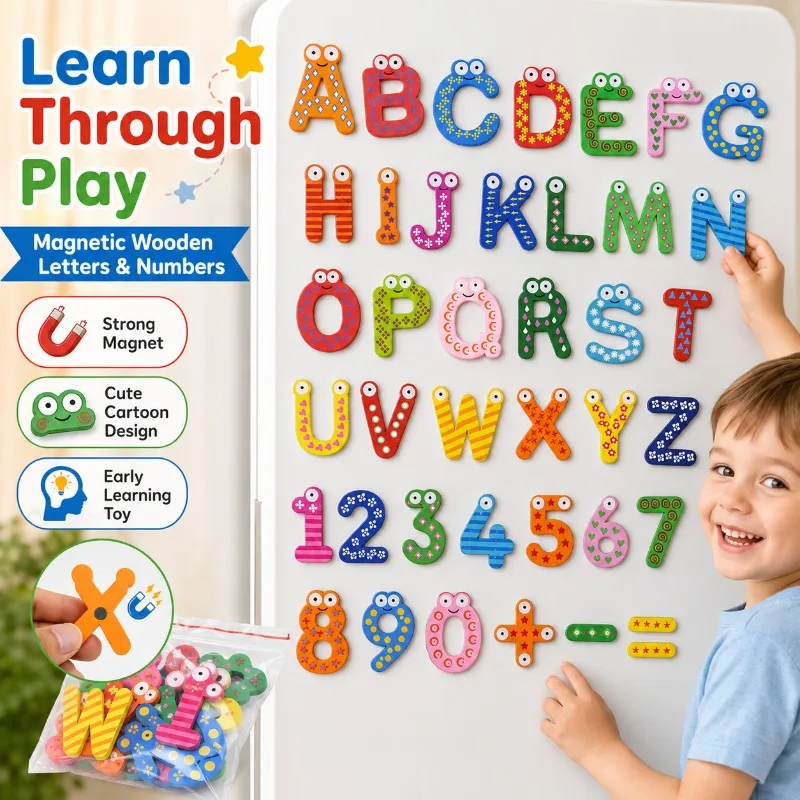 Cartoon Wooden Alphabet Number Magnets, ABC 123 Magnetic Fridge Stickers for Kids Preschool Learning, Spelling and Math Play