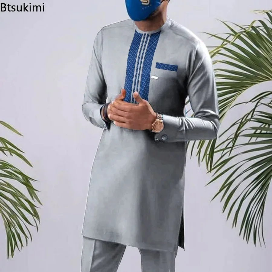 Homme ensembles tenue mariage afrique perlé haut à manches longues pantalon caftan vêtements traditionnels Costoumes ethnique décontracté hommes 2 pièces costume