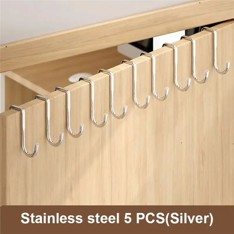 A36T-Double S-Shape Hook Stainless Steel Hook Free Punching Kitchen Bathroom Cabinet Door Back Type Coat Towel Storage Hanger