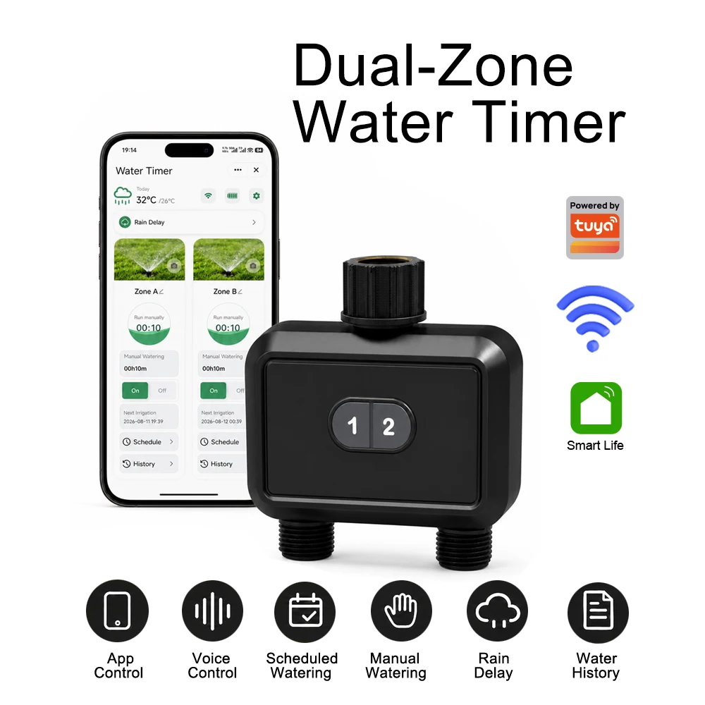 tuya Wifi Direct Automatic Water Timer Garden Irrigation Watering System Dual Hose Remote Control Sprinkler Support voice