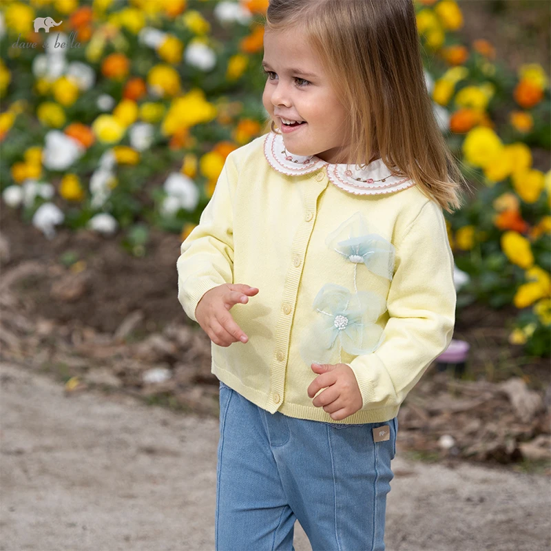 Dave Bella Baby Yellow Sweater Cardigan Spring 100% Cotton Coat Children's Top Baby Girls Clothes Jacket DB1230205