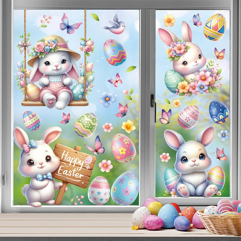 

6Pcs Cute Rabbit Window Stickers Double Sided Printed PVC Electrostatic Home Decor Glass Decals Reusble Easter Party Decorations