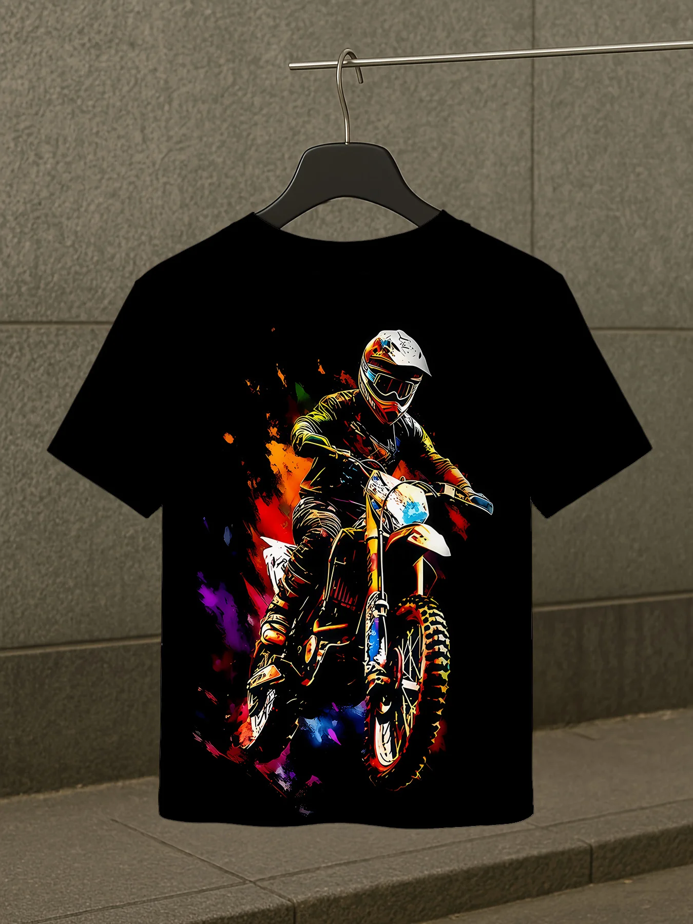 Boys‑3D‑Print‑Motocross‑Adventure‑Dynamic‑Rider‑Colorful‑Water‑Splash‑Short‑Sleeve‑Kids‑T‑Shirt