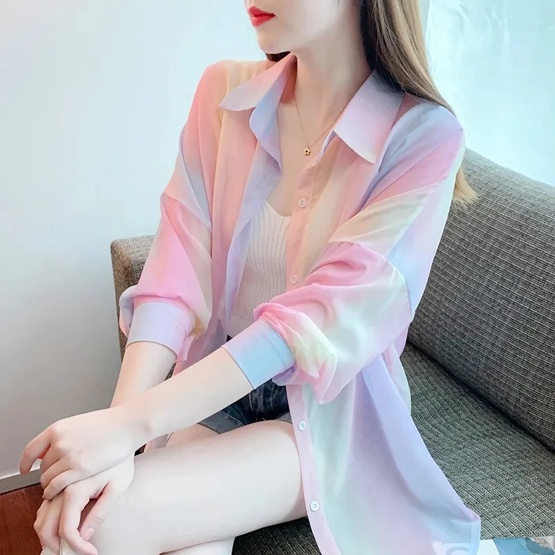 Fashion Ice Silk Thin Sunscreen Clothing Women's Summer 2024 New Sunscreen Clothing Chiffon Shirt Jacket Loose Long Sleeve Shirt