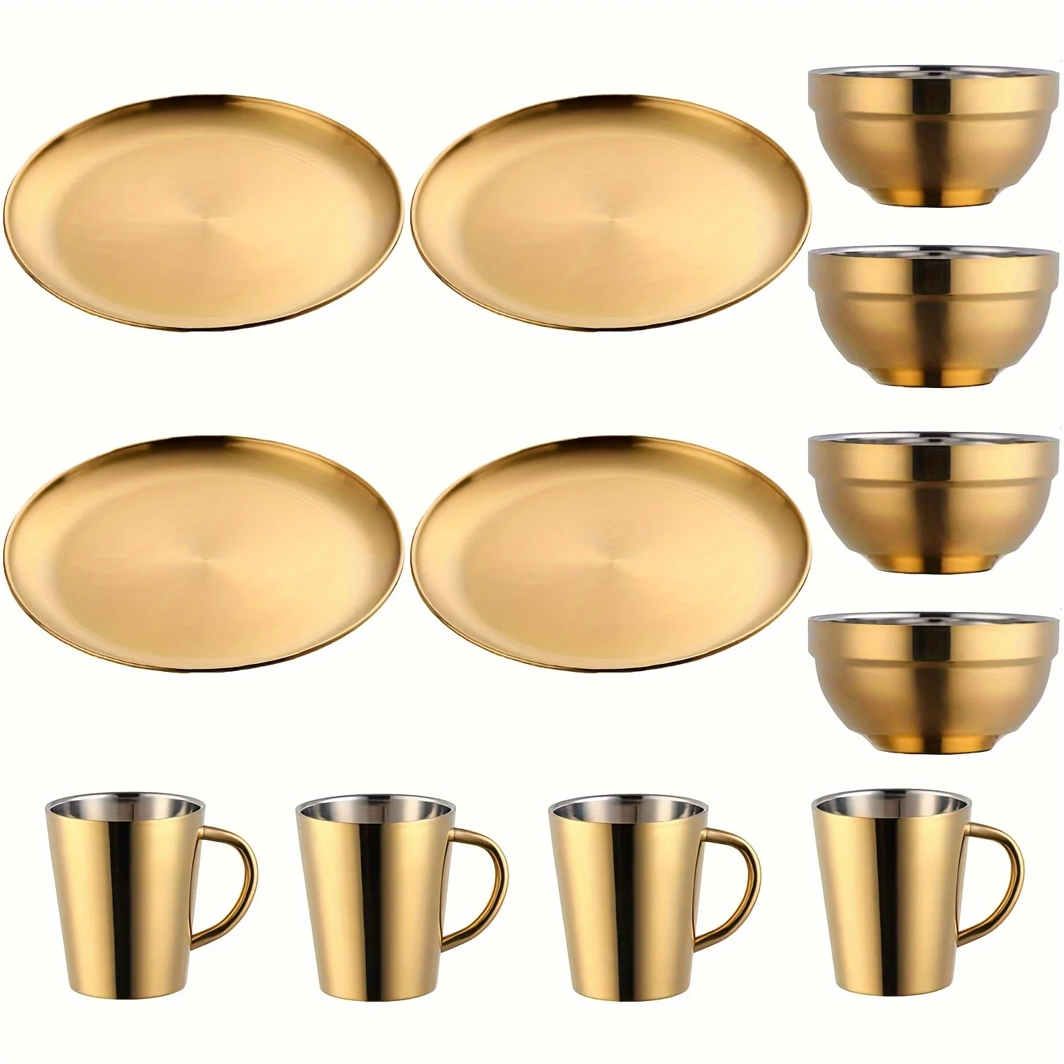 

12PCS Cutlery Set Plates and Bowls, Coffee Cups Stainless Steel Plates, Pasta Bowl Set Party Potluck Supplies Tableware