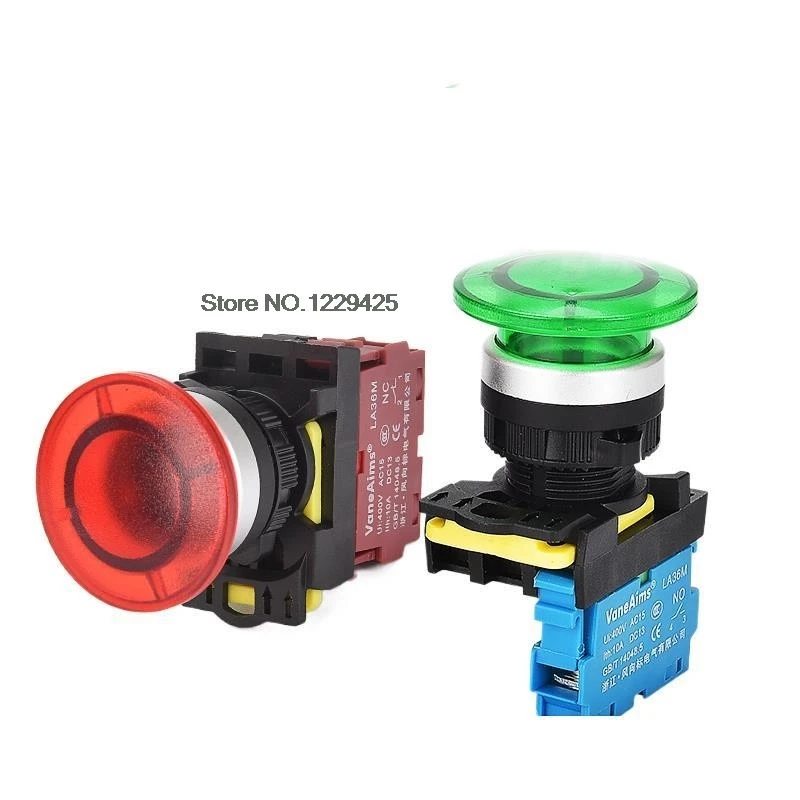 10PCS 22mm XB2 Emergency Stop Mushroom Momentary Push Button LA36M-10M  Big Push Latching SWITCH Self Reset 10A RED GREEN