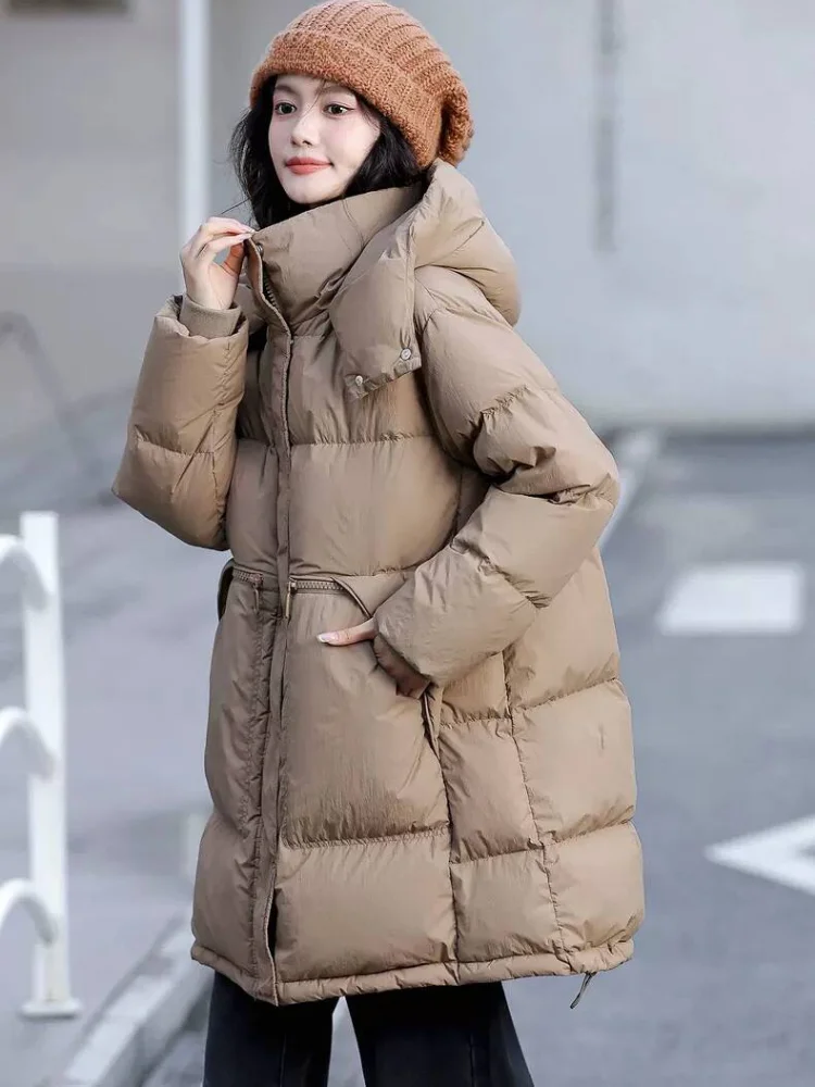 2024 New Women\'s Down Jacket Hooded Parkas Simple 90 White Duck Down Light Fluffy Warm Jacket Medium-length Bread Down Jacket