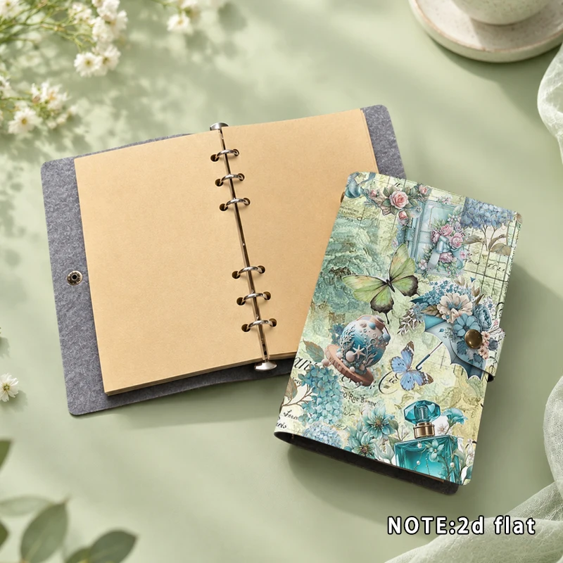 Vintage Blue Floral Butterfly Hardcover Notebook Snap Button Journal A6 Size Diary Book for Writing Notes Scrapbooking Stationer
