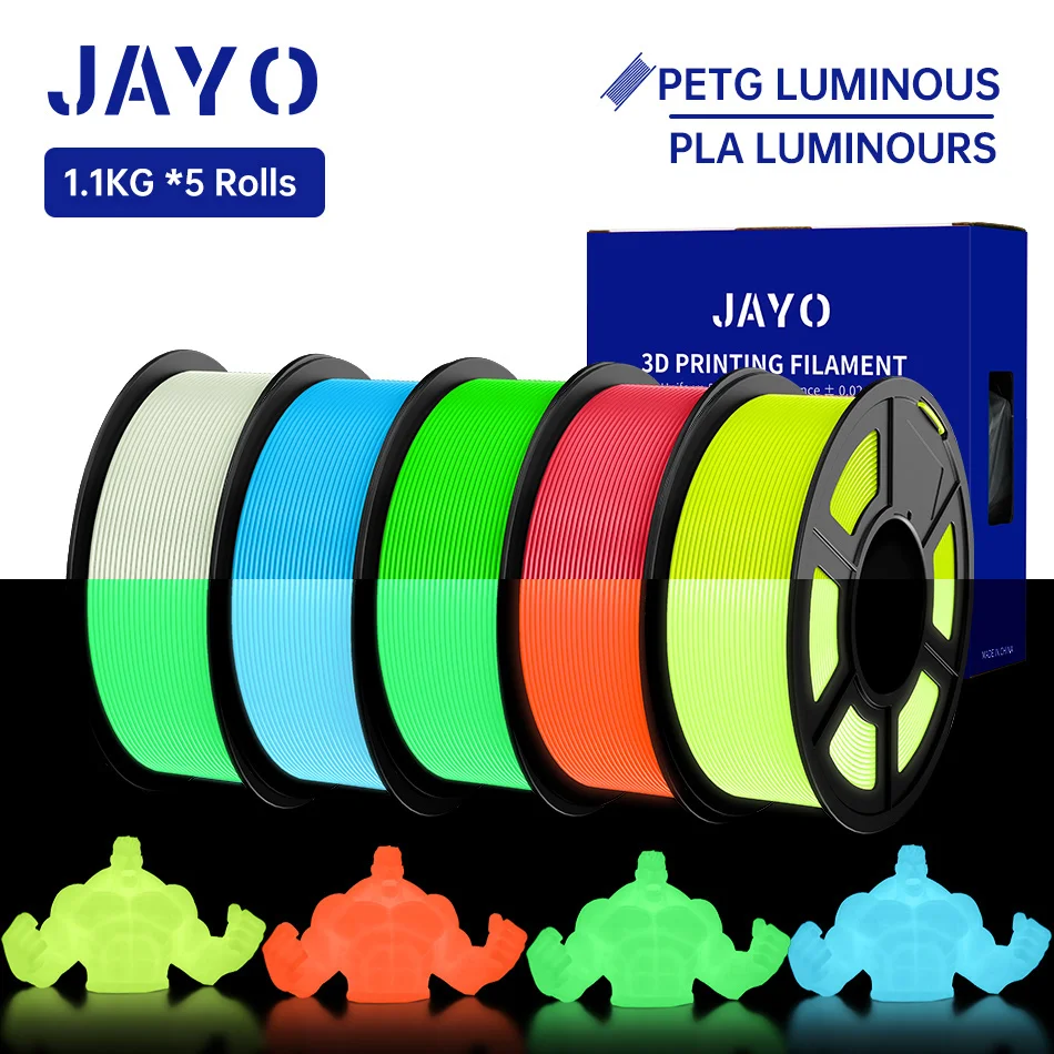 JAYO PLA /PETG Filament 1.75mm 5 Rolls Golw In The Dark PLA 3D Filament for FDM 3D Printer Neatly Wound PETG 3D Printer Material