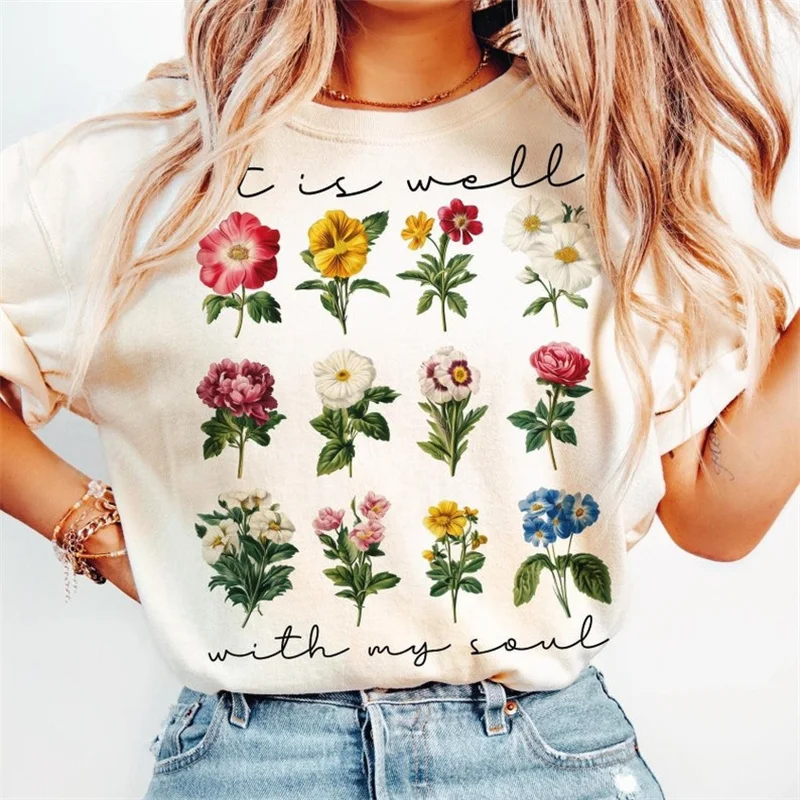 It Is Well With My Soul Floral Women's T-Shirt Lady's Short Sleeved Casual O-Neck Summer Fashion Printed Women's Tee Trendy Top