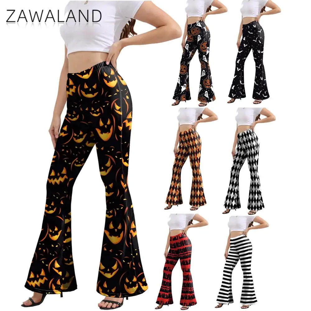 Zawaland Rozkloszowane Spodnie Dla Kobiet Legginsy z Wysoką Talią Lady Holiday Party Moda Cosplay Halloween Straszne Spodnie z Nadrukiem Dyni