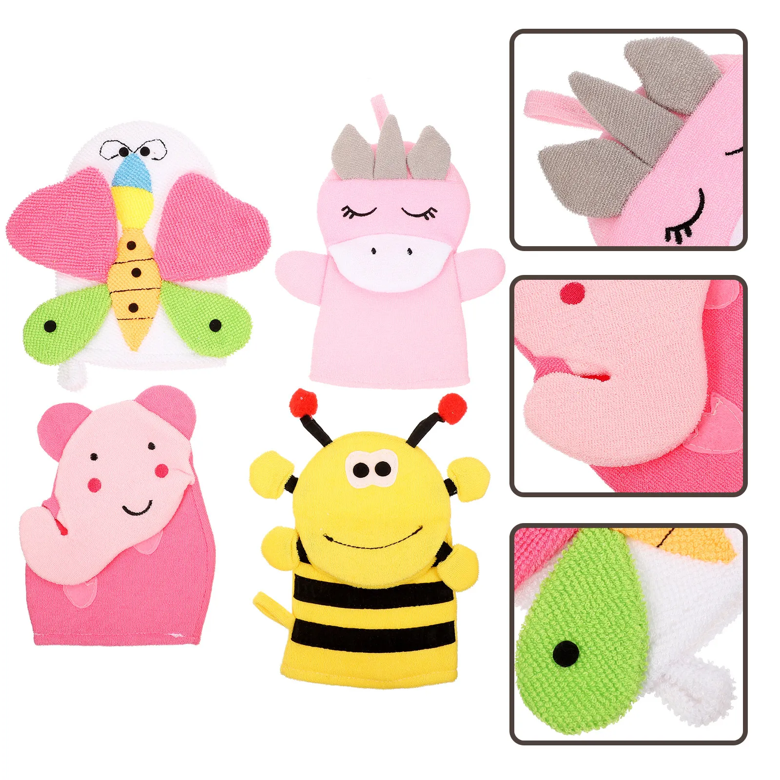 

Набор из 4 мультяшных детских мочалок-перчаток для отшелушивания кожи: для спины, лица, шеи, ладоней. Портативные, удобные для мытья и массажа.