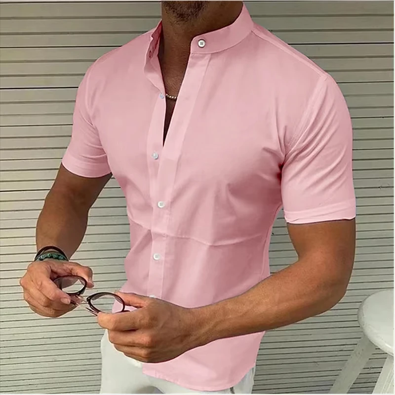 

T618 Summer Shirt 9 Colors Short Sleeve Solid Color Stand Collar Outdoor Street Wear Fashion Casual Breathable