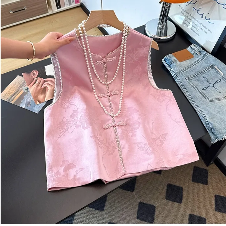 Pink Embroidered Chinese Style Vest round Neck Slim Fit Button up Top Ageless Design Daily Wear Standard Cut Plant Floral Pat...