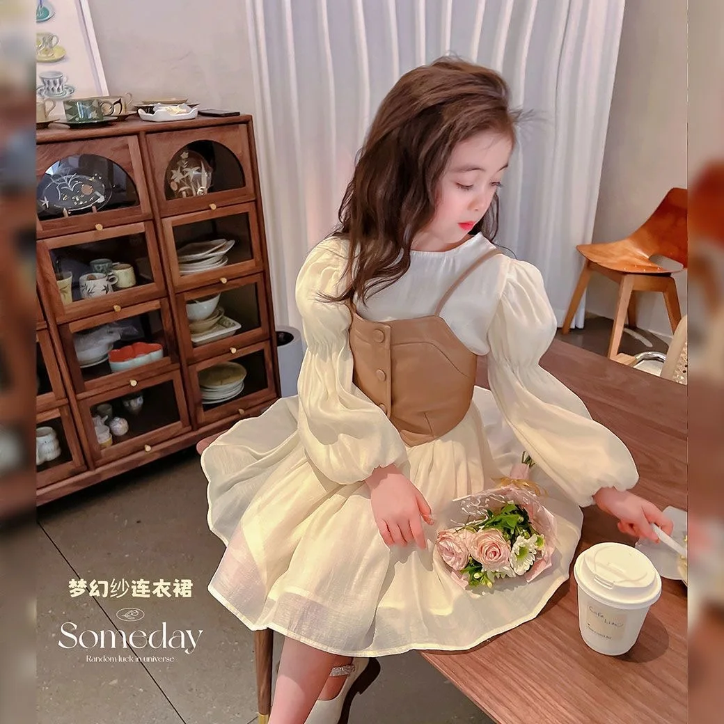 Frühling Herbst Mädchen Kleid Set Langarm Kinder Retro Pu Leder Weste Kleid Set Teenager-Mädchen Kleidung Anzug 4 6 8 12y – Detail 2