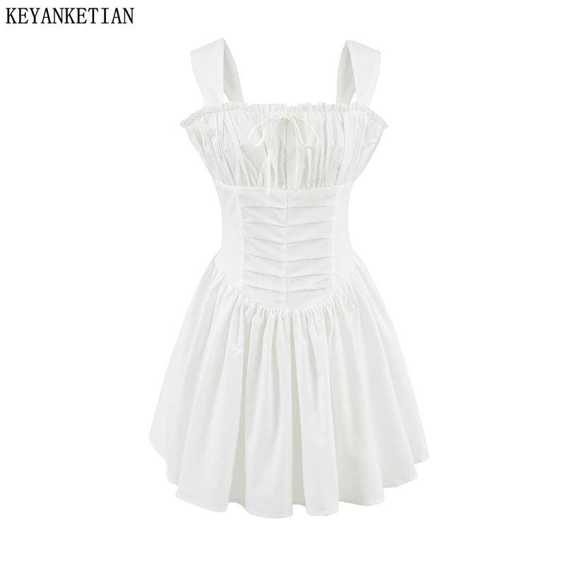 

KEYANKETIAN Summer New Holiday wind Bow Pleated Decoration Sleeveless Mini Dress Women's Back Zipper Slim White Poplin Pantskirt