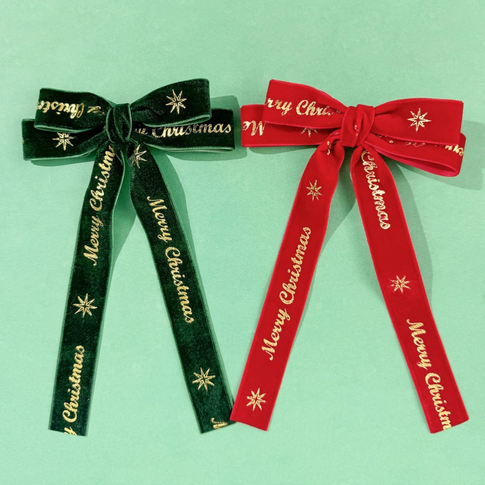 قطعة واحدة من مشابك شعر القوس المخملي لعيد الميلاد: أحمر وأخضر احتفالي، مطبوعة "عيد ميلاد سعيد"، إكسسوارات شعر لطيفة لحفلات العطلات #3