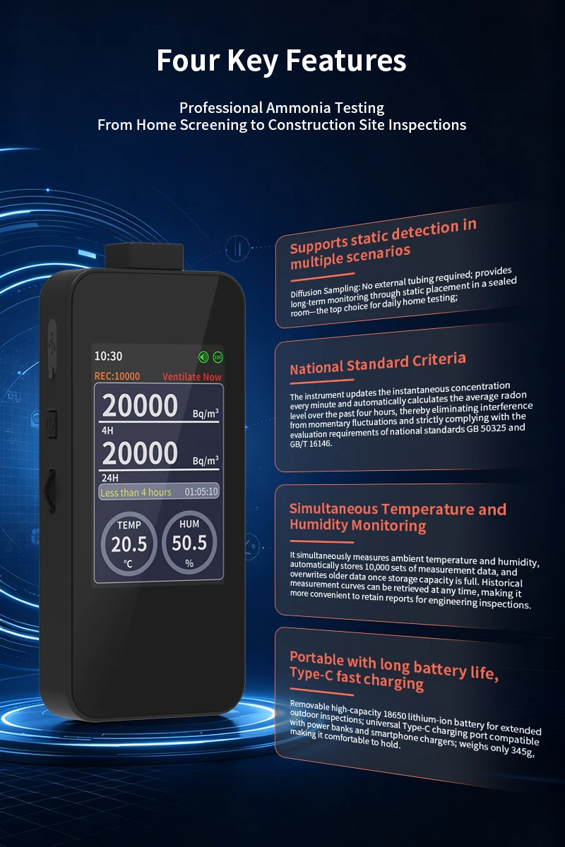 Portable Radon Detector 0-20000 Bq/m³ 4H Moving Average Tester with Temp Humidity Monitor 10000 Data Storage 4