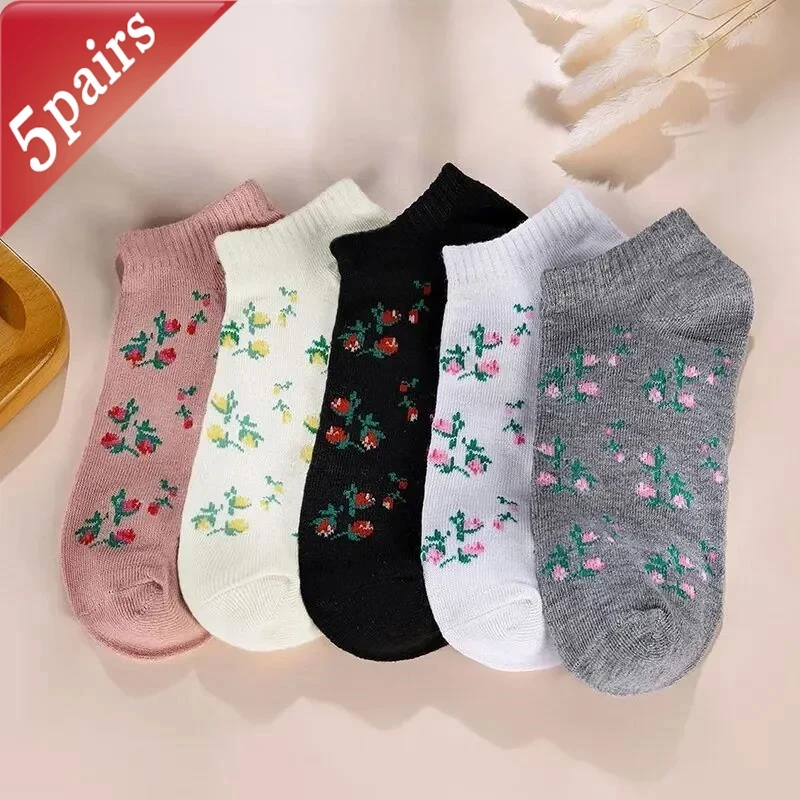 5 Paar modische Damen-Freizeitsocken mit Blumenmustern, atmungsaktiv, für Frühling und Sommer, Schweißabsorption, große Baumwollsocken