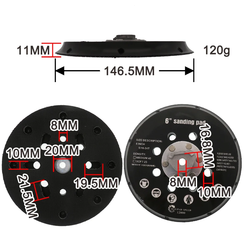 6 pollici 17 fori 150mm tampone di levigatura di Backup 5/16 "-24 disco di levigatura a disco gancio e anello piastra di supporto levigatrice utensili elettrici