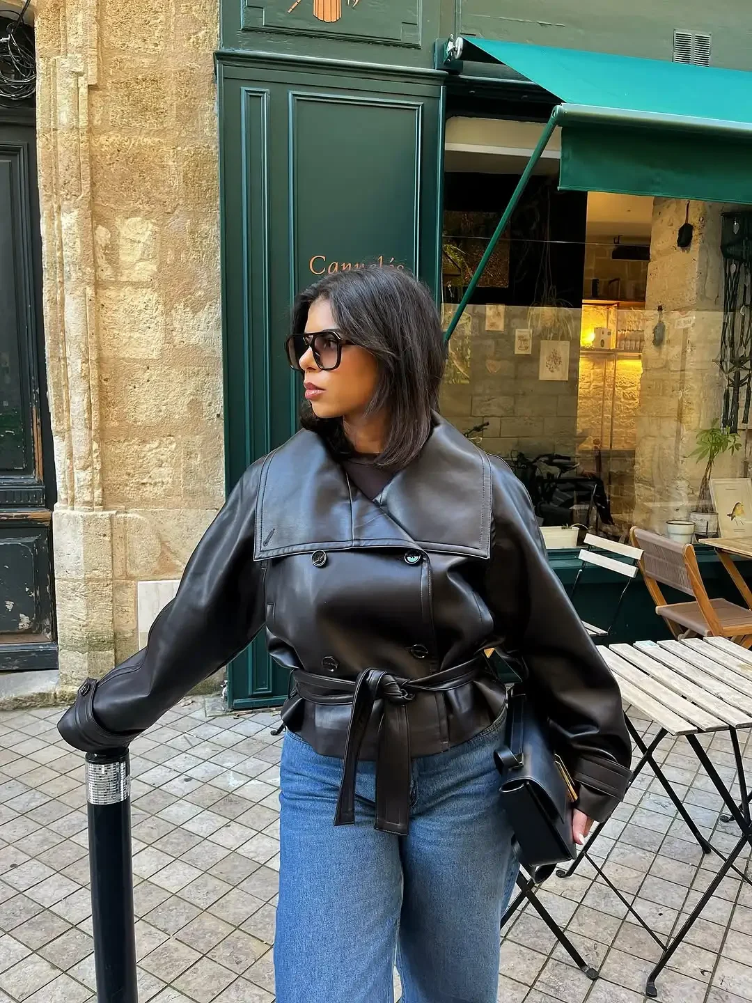 Retro Wide Lapel Short Leather Jackets Women Casual Solid Full Sleeve V-neck Lace Up Double Breasted Coats 2026 Street Coat