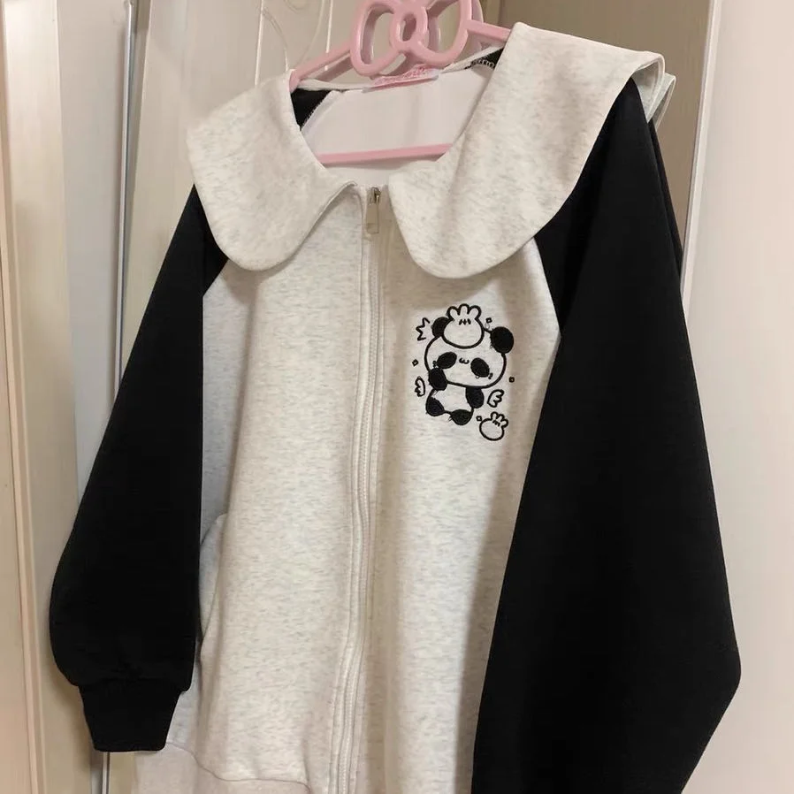 

Panda Ear Hooded Preppy Style Japanese Zipper Sudadera Mujer Cartoon Contrast Color Karajuku Women Y2k Kawaii Sweet Sweatshirts
