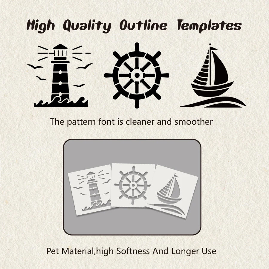 9PCS 6*6in Ocean Theme Stencil Set for DIY Painting Compass Anchor Sailboat Pattern Templates for Wall Wood Fabric Canvas Decora