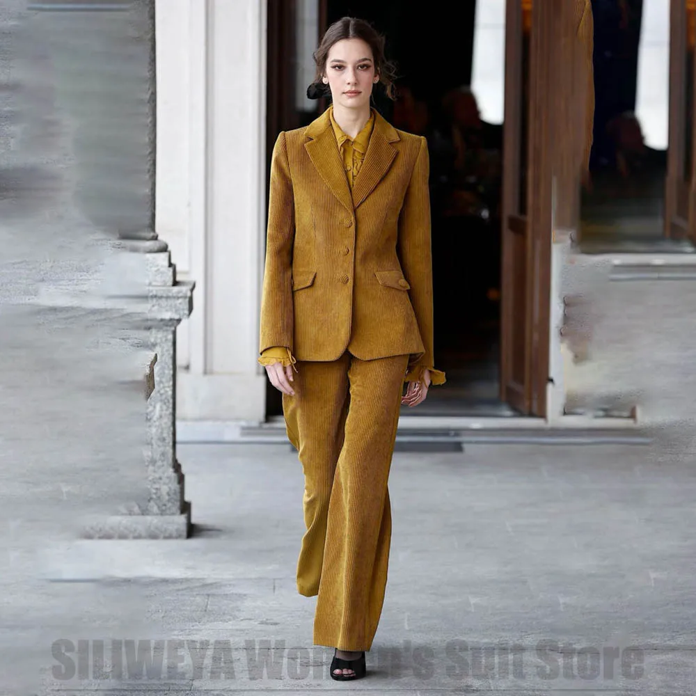 

Fashion Corduroy Women's Suit Office Lady Formal Long Sleeves Single Breasted Jacke with Trousers Two Piece Elegant Outfit