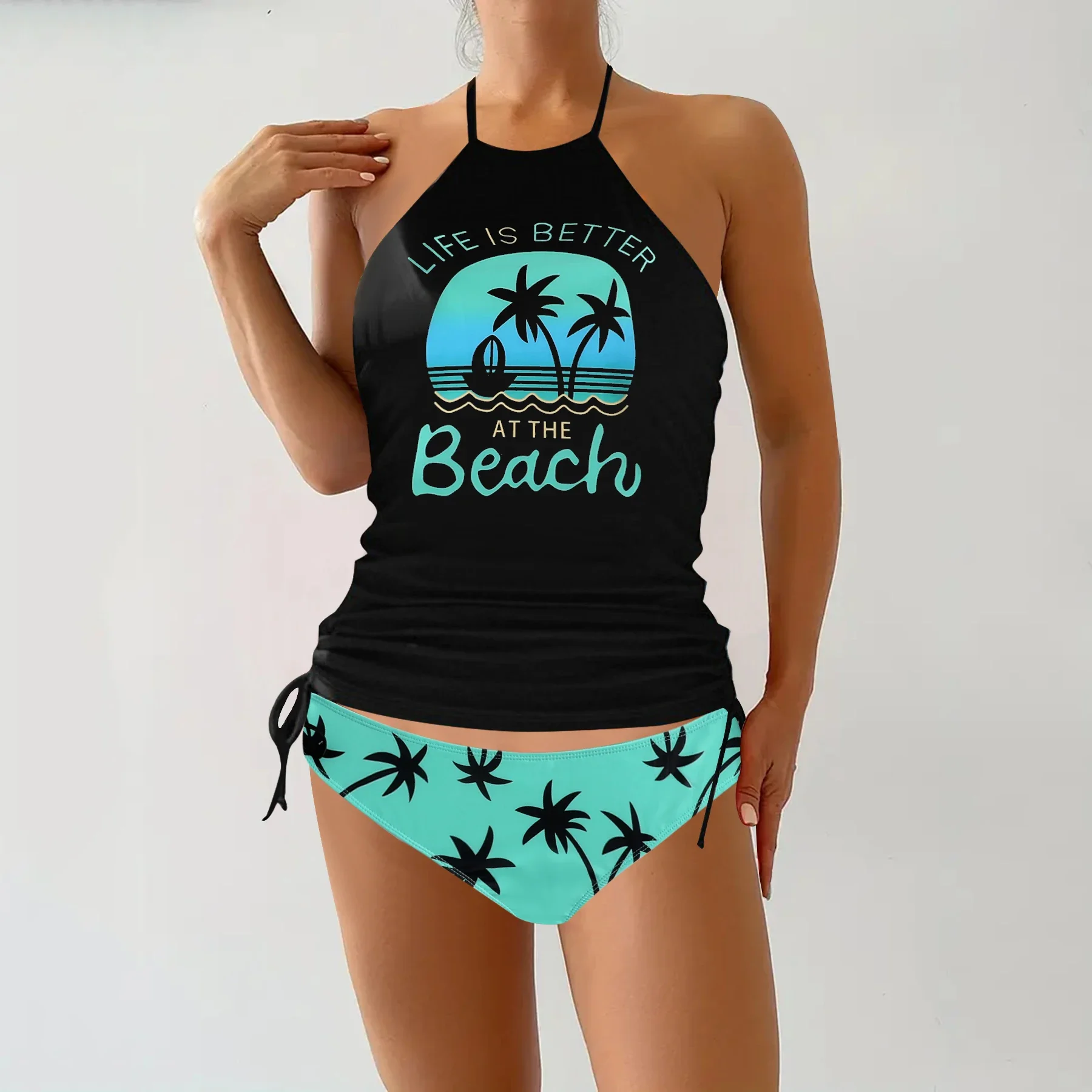 Women's Tankini Swimsuit Set, Floral Print Backless Two-Piece Swimwear, Fashionable Beachwear with Tank Top & Shorts Sexy Bikini
