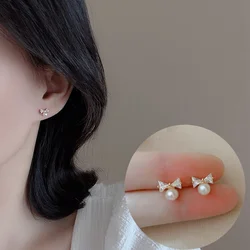 New Fashion Cute Simple Bowkont Stud Earrings For Women Girl Charming Imitation Pearl Earrings Jewelry Accessories Teen Gifts